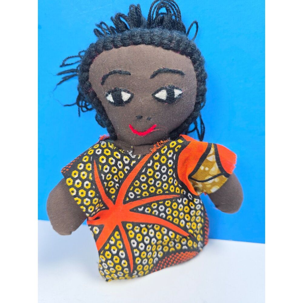 Handmade African Cloth Rag Doll Yarn Hair Batik Dashiki Dress 7” Folk Art